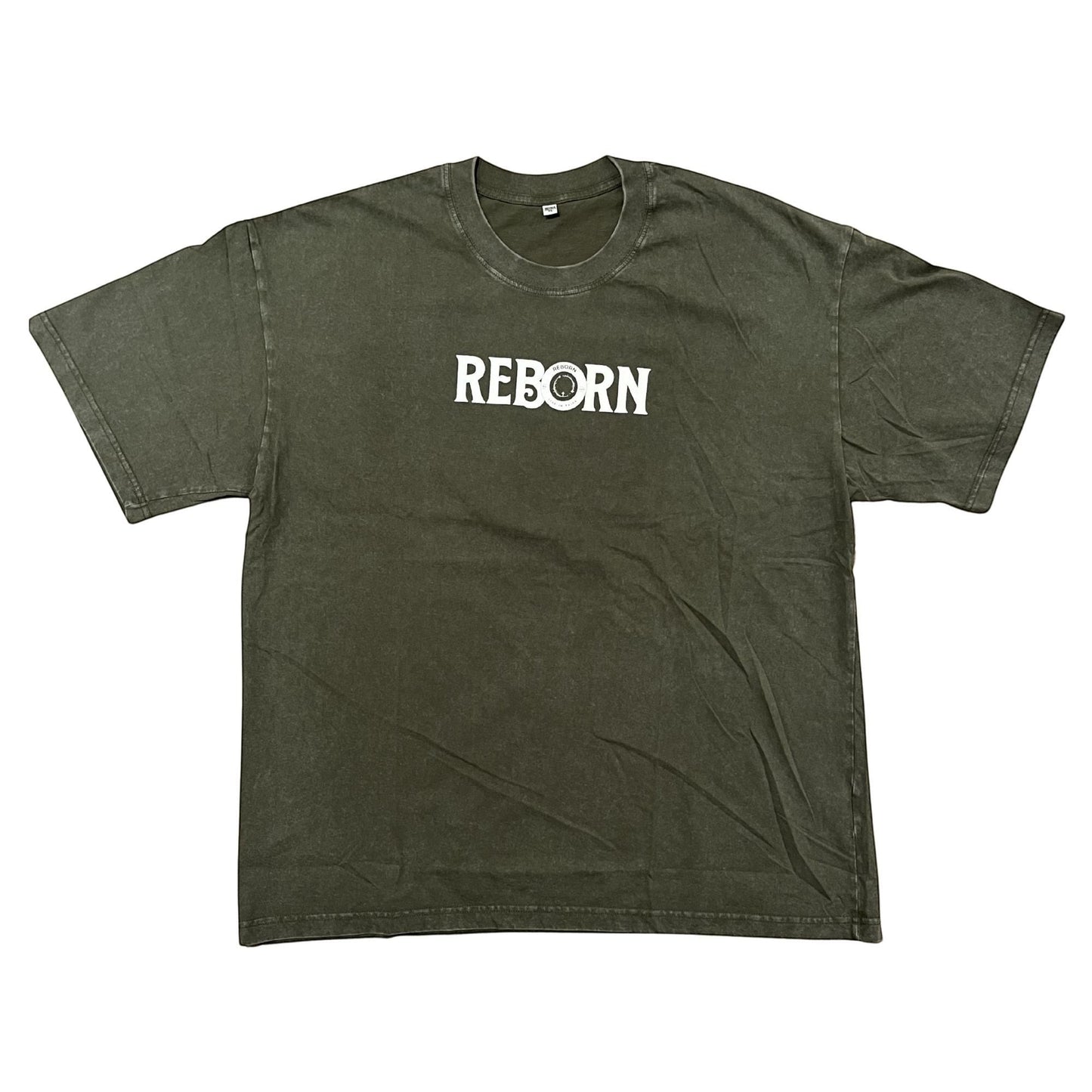 Live In Faith REBORN FADED T-SHIRT in faded olive green cotton with a minimalist logo on the chest.