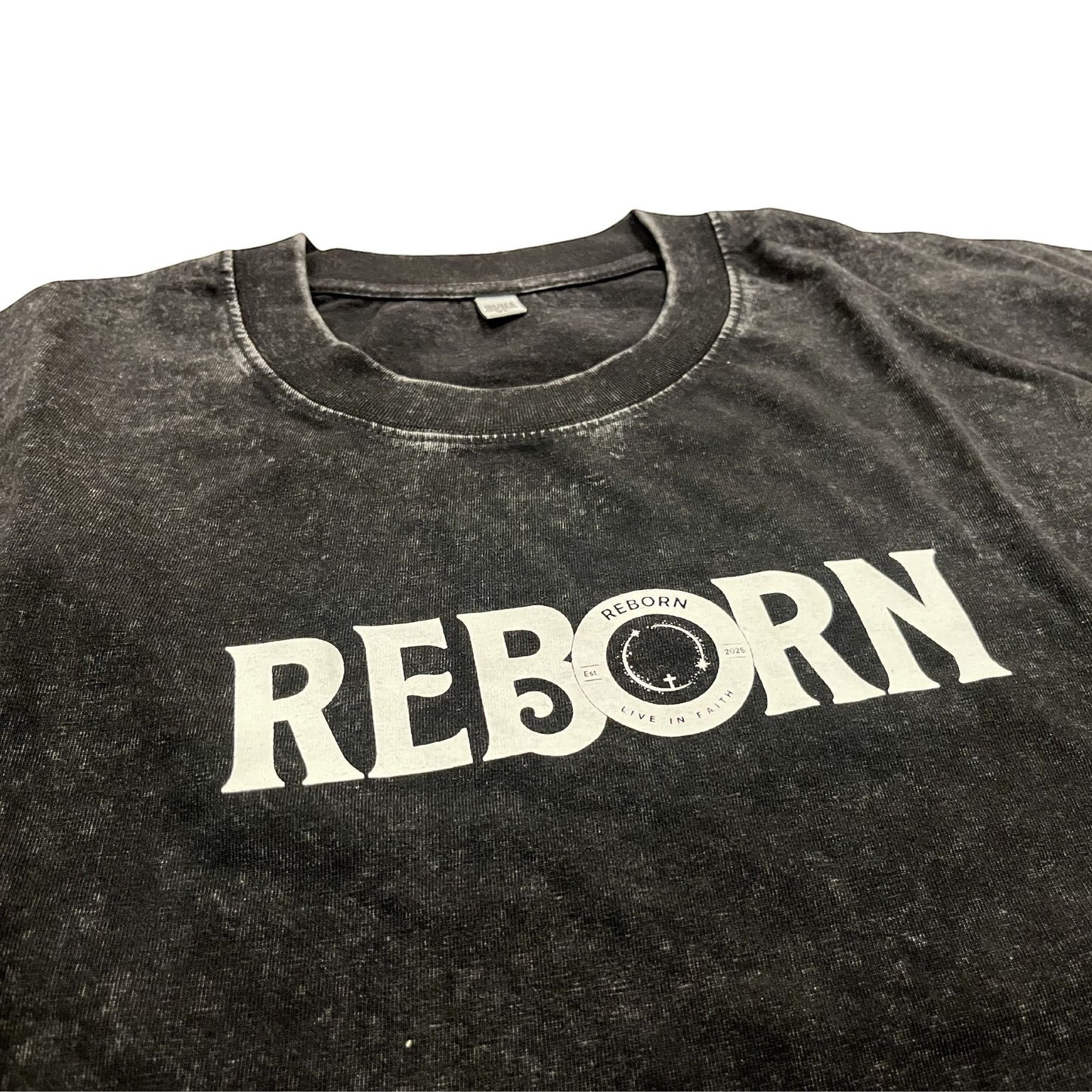 Live In Faith REBORN Faded T-Shirt in charcoal grey cotton with a distressed wash and white graphic logo on the chest.