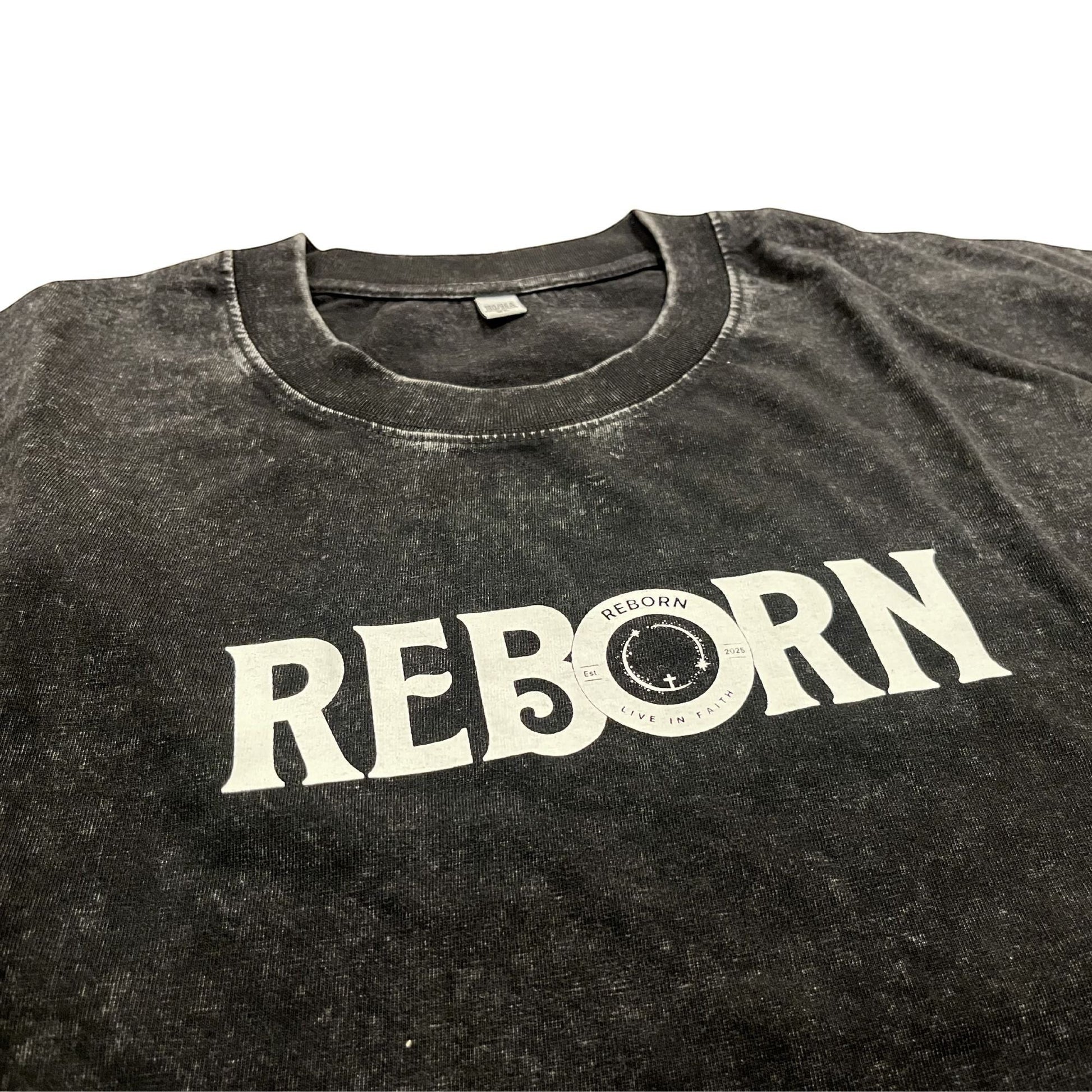 Live In Faith REBORN Faded T-Shirt in charcoal grey cotton with a distressed wash and white graphic logo on the chest.