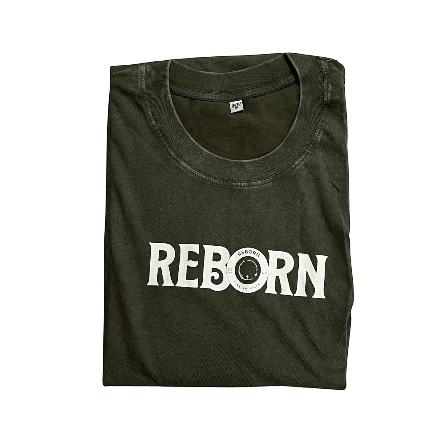 Live In Faith REBORN Faded T-Shirt in dark olive green cotton with a relaxed fit and minimalist logo.