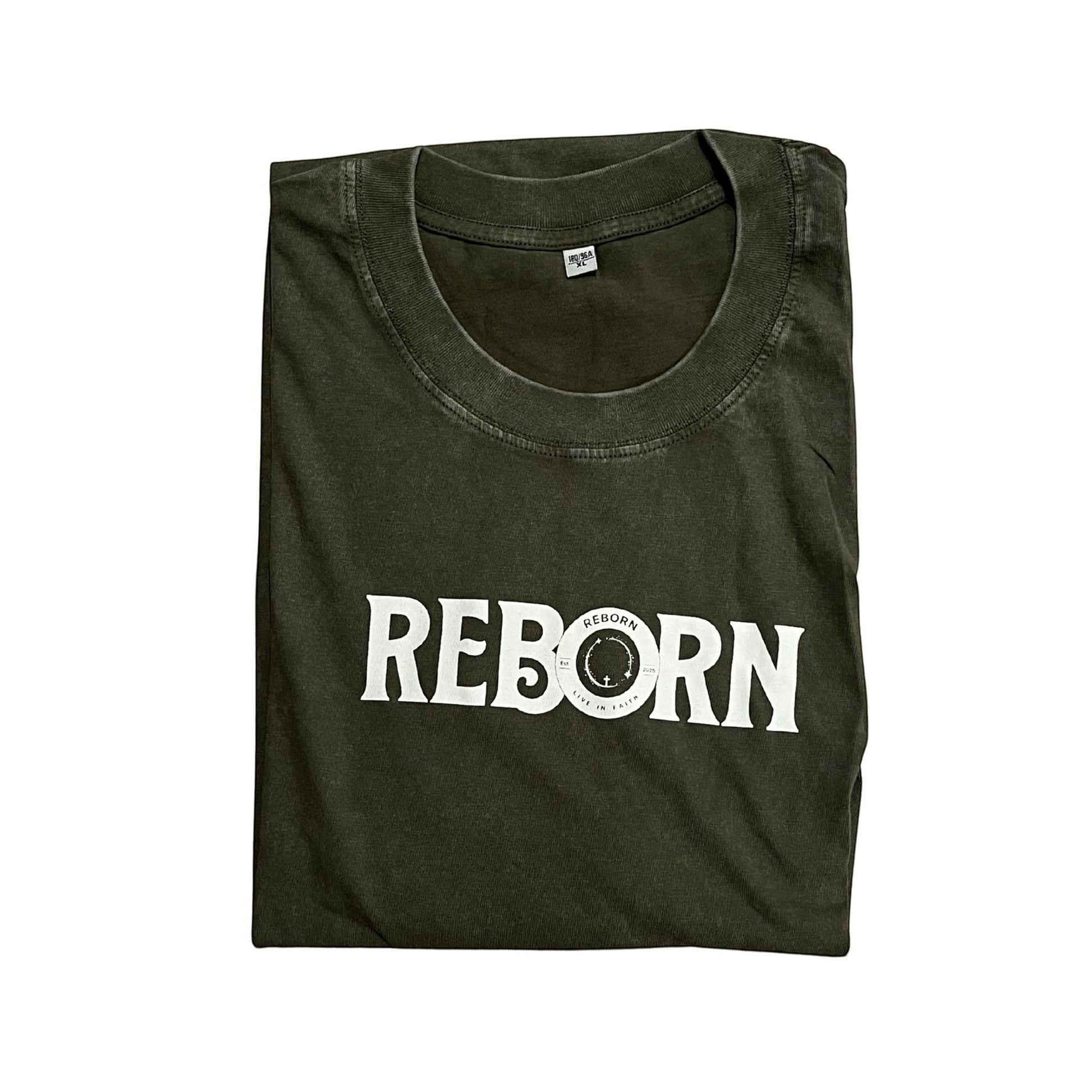 Live In Faith REBORN Faded T-Shirt in dark olive green cotton with a relaxed fit and minimalist logo.