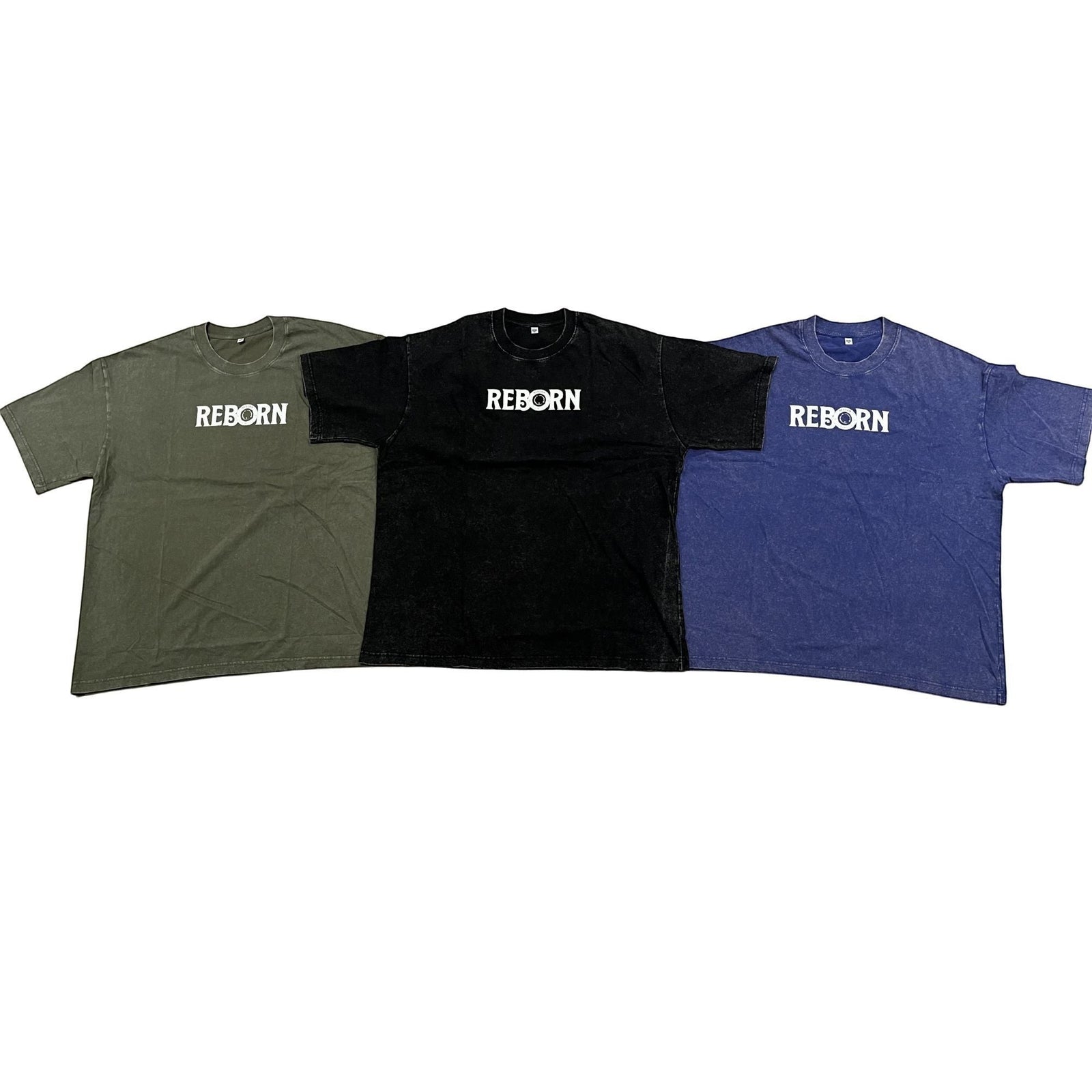 Live In Faith REBORN Faded T-Shirt in olive green, black, and navy blue cotton with a relaxed fit and minimalist logo.