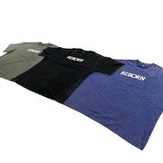 Live In Faith REBORN faded t-shirts in olive green, black, and navy blue. Cotton blend, relaxed fit, crew neck, short sleeves, with minimalist REBORN logo.
