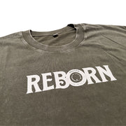 Live In Faith REBORN faded olive green cotton t-shirt with white text logo on chest.